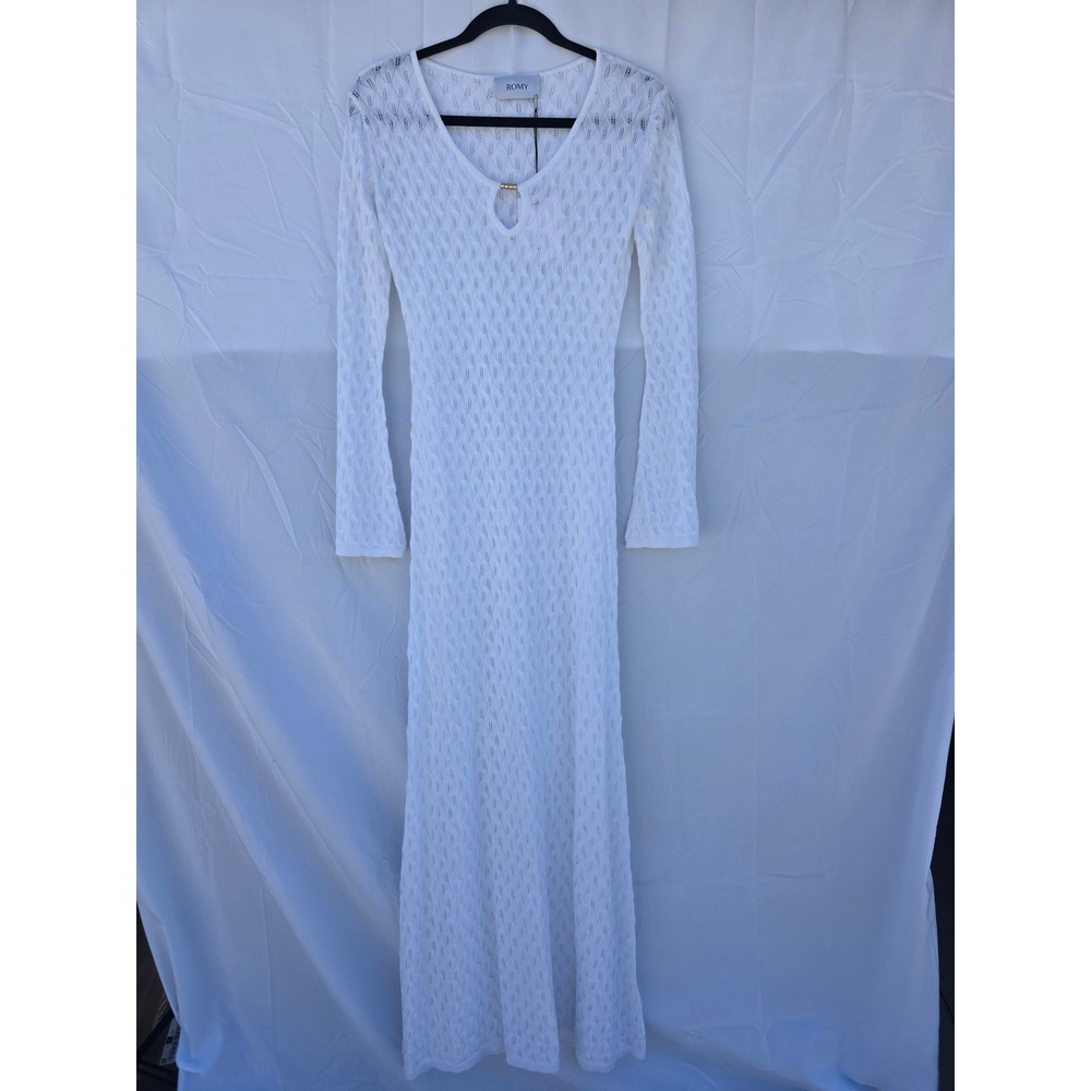 Romy Havana Dress White Long Sleeve Pointelle Knit Maxi V-Neck Keyhole Small NWT